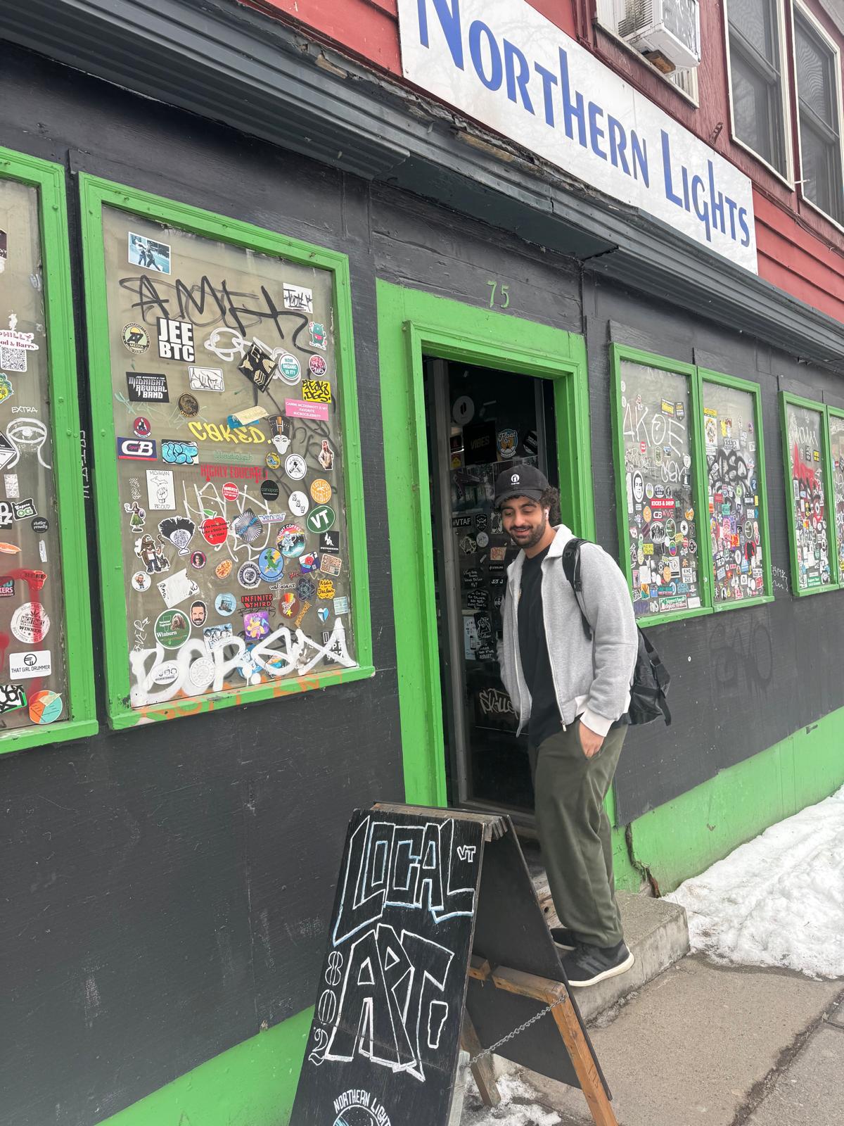 Hoodi outside a record shop
